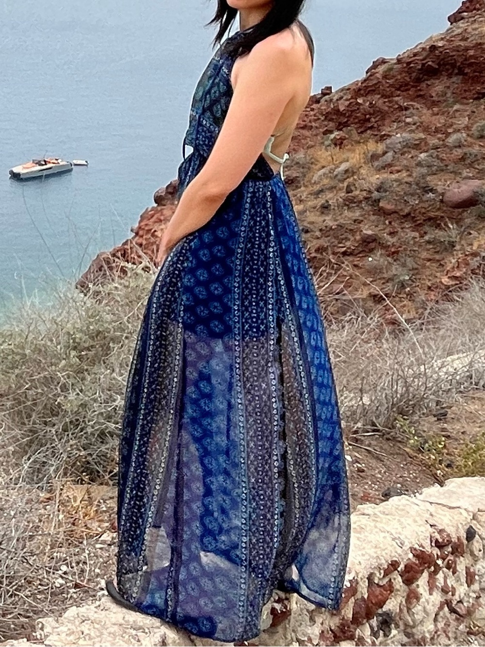 Hollister Blue Patterned Halter Maxi Dress